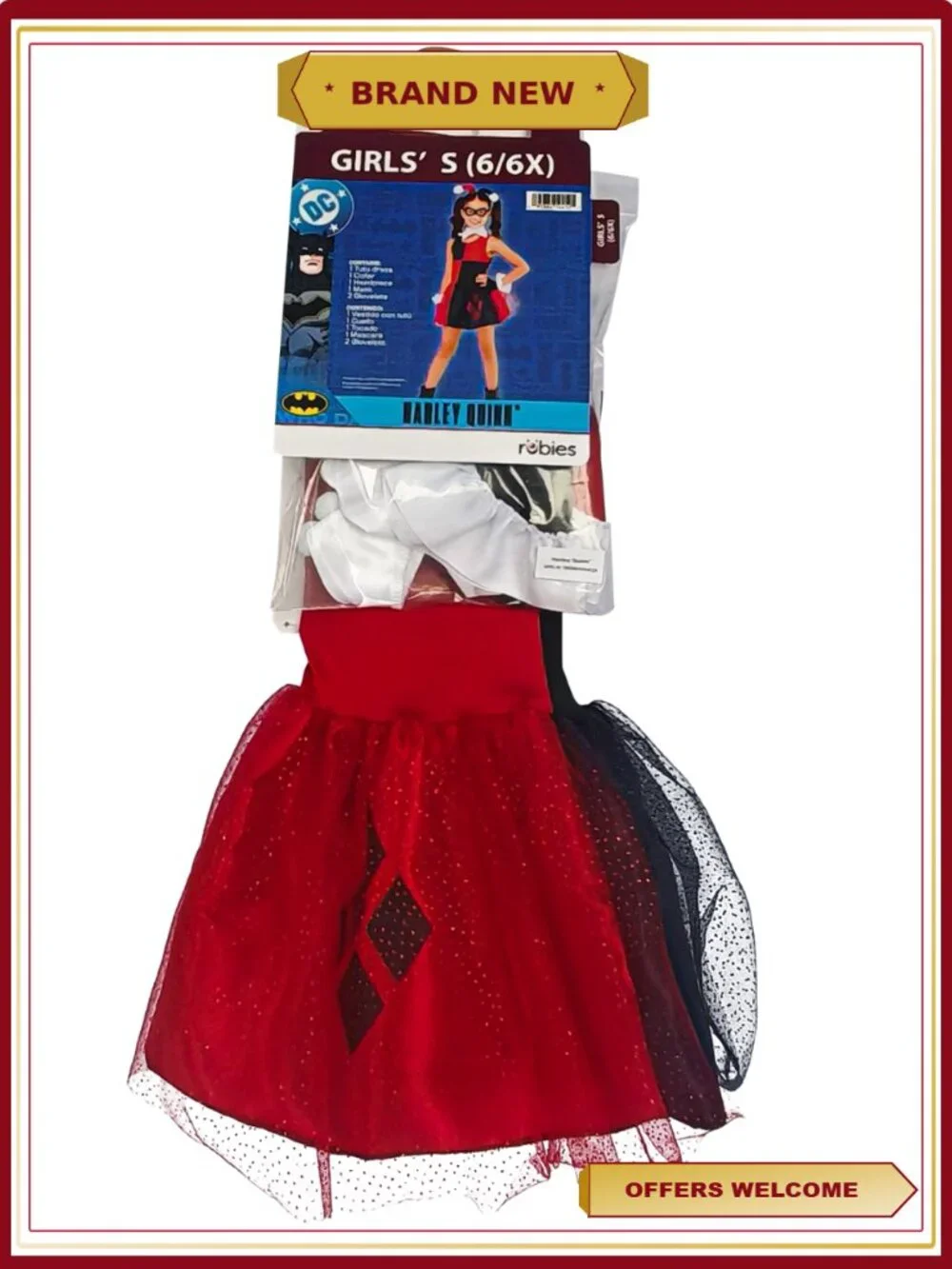 Harley Quinn Costume Girls Size L 10 12 Jester Dress Halloween Rubies